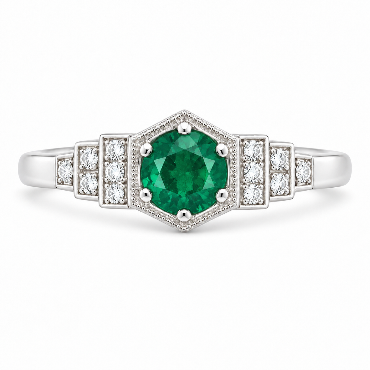 Classic 1920's art deco style engagement ring round green emerald hexagon set diamond stepped shoulders platinum gold