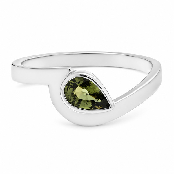 Modern pear shape Green Sapphire solitaire engagement ring modernist contemporary rubover setting crossover design platinum gold
