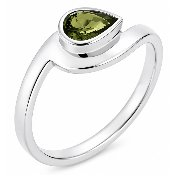 Modern pear shape Green Sapphire solitaire engagement ring modernist contemporary rubover setting crossover design platinum gold
