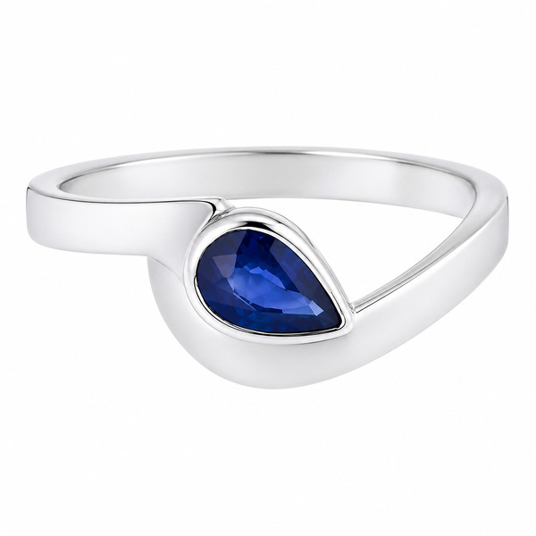 Modern pear shape Blue Sapphire solitaire engagement ring modernist contemporary rubover setting crossover design platinum gold