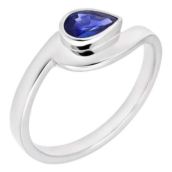 Modern pear shape Blue Sapphire solitaire engagement ring modernist contemporary rubover setting crossover design platinum gold
