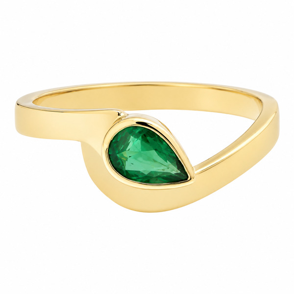 Modern pear shape green Emerald solitaire engagement ring modernist contemporary rubover setting crossover design platinum gold