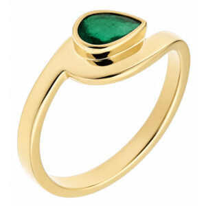 Modern pear shape green Emerald solitaire engagement ring modernist contemporary rubover setting crossover design platinum gold