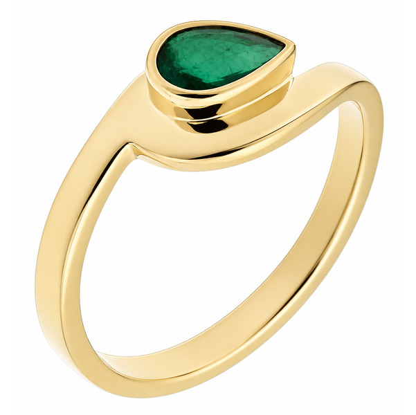 Modern pear shape green Emerald solitaire engagement ring modernist contemporary rubover setting crossover design platinum gold