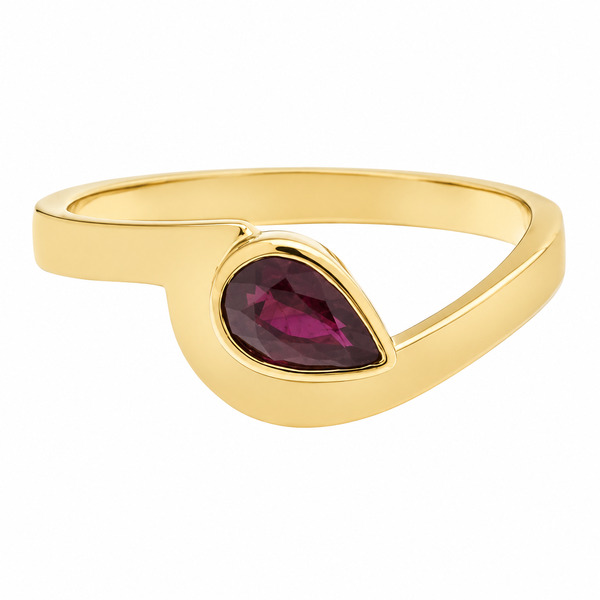 Modern pear shape Ruby solitaire engagement ring modernist contemporary rubover setting crossover design platinum gold