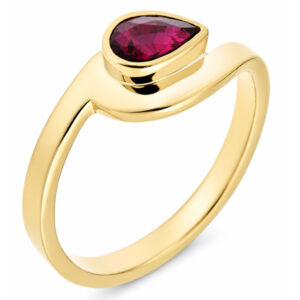 Modern pear shape Ruby solitaire engagement ring modernist contemporary rubover setting crossover design platinum gold