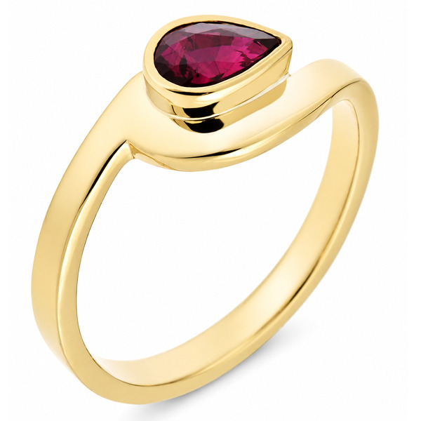 Modern pear shape Ruby solitaire engagement ring modernist contemporary rubover setting crossover design platinum gold