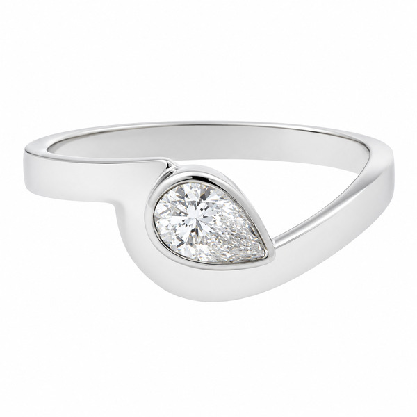 Modern pear shape diamond solitaire engagement ring modernist contemporary rubover setting crossover design platinum gold