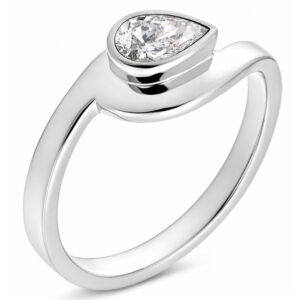 Modern pear shape diamond solitaire engagement ring modernist contemporary rubover setting crossover design platinum gold