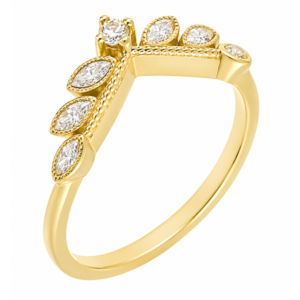 A vintage style wishbone shaped half eternity ring set marquise diamonds & Round Diamond millgrain design Platinum Gold
