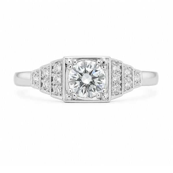 classic 1920's art deco style engagement ring round brilliant cut diamond square diamonds stepped platinum gold
