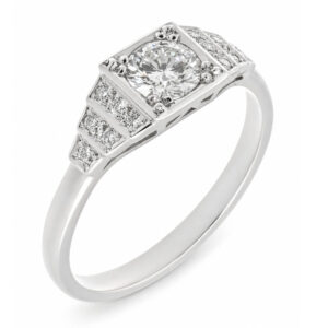 classic 1920's art deco style engagement ring round brilliant cut diamond square diamonds stepped platinum gold