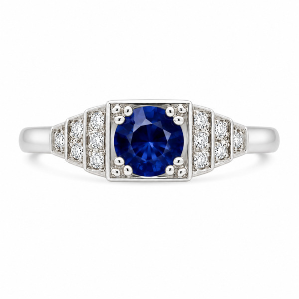 classic 1920's art deco style engagement ring round cut shape Blue Sapphire diamond square diamonds stepped platinum gold