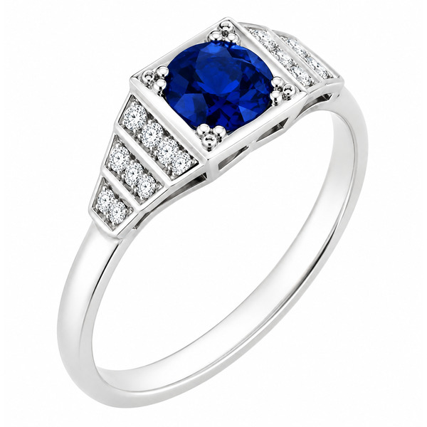 classic 1920's art deco style engagement ring round cut shape Blue Sapphire diamond square diamonds stepped platinum gold