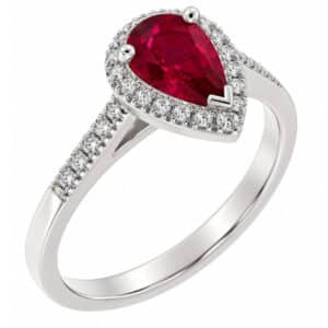Vintage style classic pear shape Ruby & round diamond claw halo cluster engagement ring gold platinum