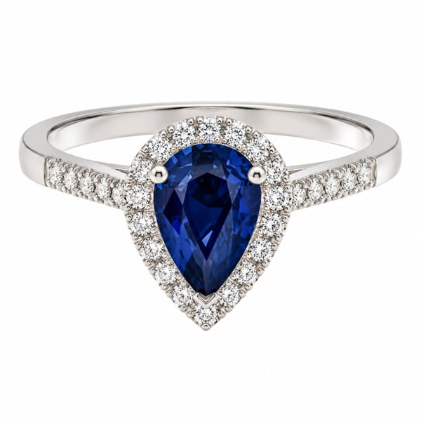Vintage style classic pear shape blue sapphire & round diamond claw halo cluster engagement ring gold platinum