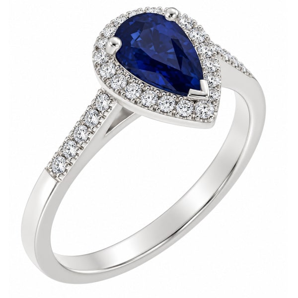 Vintage style classic pear shape blue sapphire & round diamond claw halo cluster engagement ring gold platinum