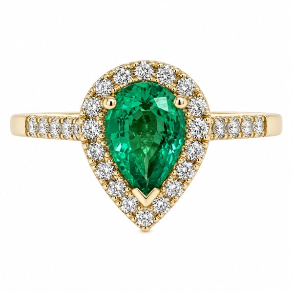Vintage style classic pear shape green emerald round diamond claw set halo cluster engagement ring gold platinum
