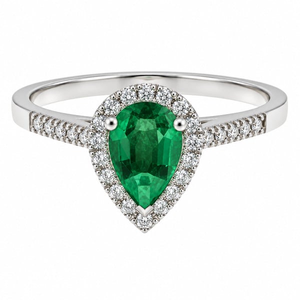 Vintage style classic pear shape green emerald round diamond claw set halo cluster engagement ring gold platinum