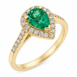 Vintage style classic pear shape green emerald round diamond claw set halo cluster engagement ring gold platinum
