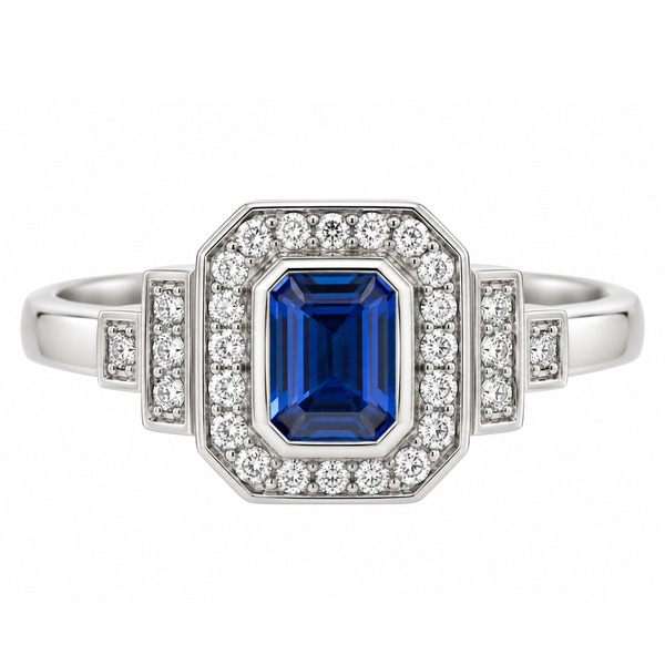 Classic 1920's art deco style emerald cut Blue Sapphire halo ring round brilliant cut diamonds surround stepped shoulders platinum gold