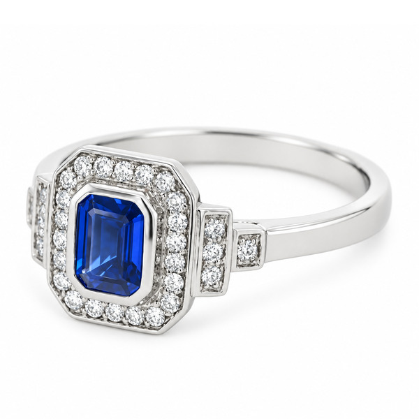 Classic 1920's art deco style emerald cut Blue Sapphire halo ring round brilliant cut diamonds surround stepped shoulders platinum gold