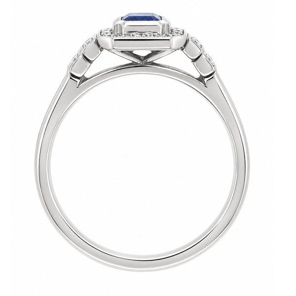 Classic 1920's art deco style emerald cut Blue Sapphire halo ring round brilliant cut diamonds surround stepped shoulders platinum gold