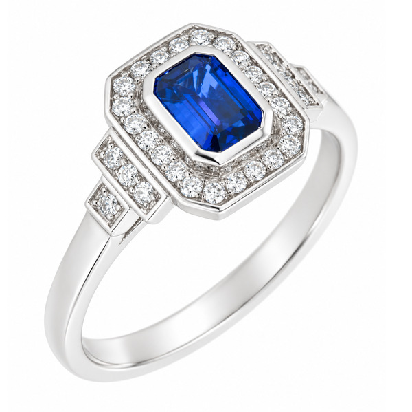 Classic 1920's art deco style emerald cut Blue Sapphire halo ring round brilliant cut diamonds surround stepped shoulders platinum gold