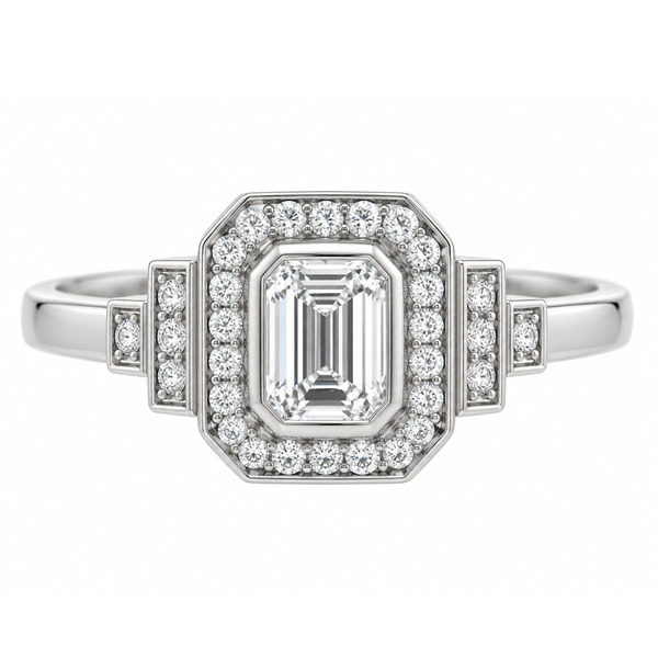 Classic 1920's art deco style emerald cut Diamond halo ring round brilliant cut diamonds surround stepped shoulders platinum gold