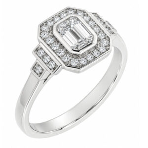 Classic 1920's art deco style emerald cut Diamond halo ring round brilliant cut diamonds surround stepped shoulders platinum gold