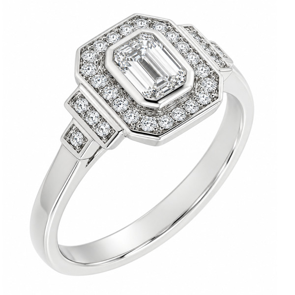 Classic 1920's art deco style emerald cut Diamond halo ring round brilliant cut diamonds surround stepped shoulders platinum gold