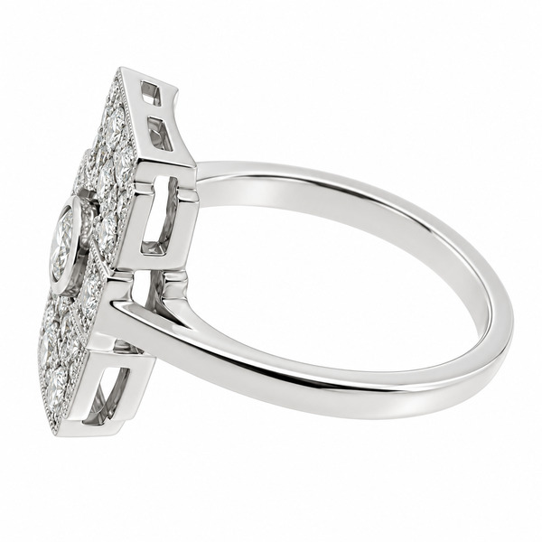 Classic 1920's art deco style cluster dress ring round brilliant cut diamond diamonds pierced milled platinum gold