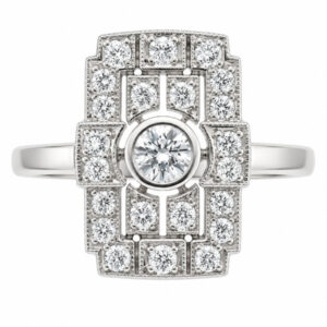 Classic 1920's art deco style cluster dress ring round brilliant cut diamond diamonds pierced milled platinum gold