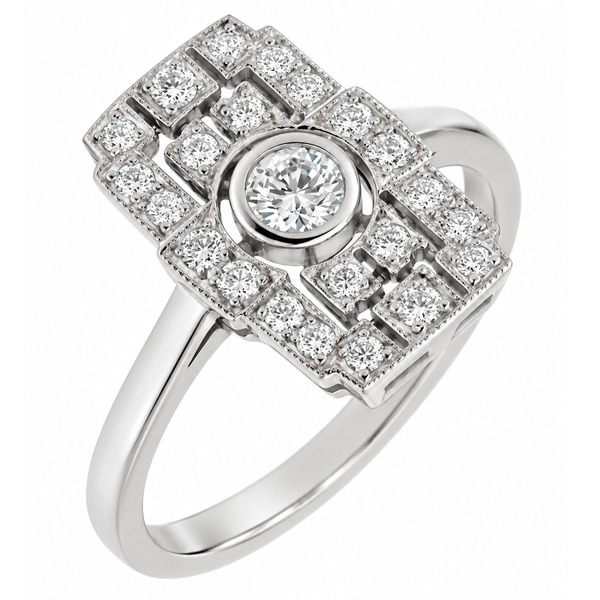Classic 1920's art deco style cluster dress ring round brilliant cut diamond diamonds pierced milled platinum gold
