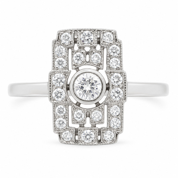 Classic 1920's art deco style cluster dress ring round brilliant cut diamond diamonds pierced milled platinum gold