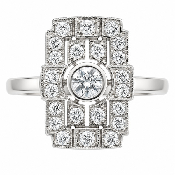 Classic 1920's art deco style cluster dress ring round brilliant cut diamond diamonds pierced milled platinum gold