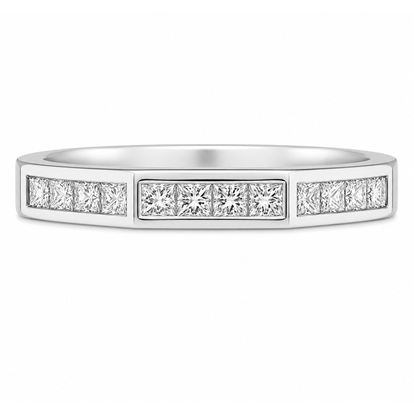 Hexagon angled Shaped channel set Princess Cut Diamond Half Eternity Ring modernist modern contemporary Platinum Gold