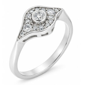 classic 1920's art deco design cluster ring rubover grain set surround round brilliant cut diamonds platinum gold