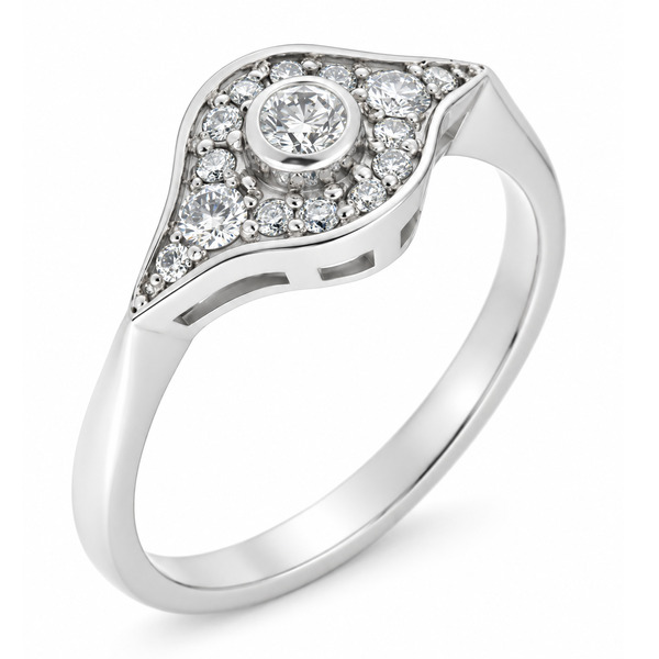 classic 1920's art deco design cluster ring rubover grain set surround round brilliant cut diamonds platinum gold