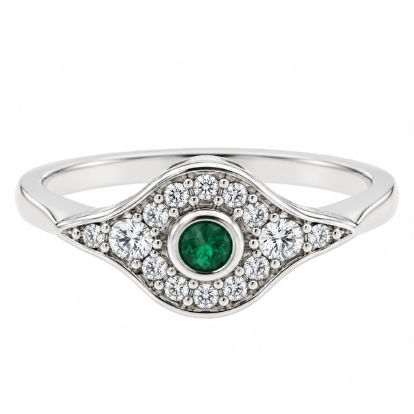 classic 1920's art deco design Emerald cluster ring rubover grain set surround round brilliant cut diamonds platinum gold