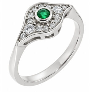 classic 1920's art deco design Emerald cluster ring rubover grain set surround round brilliant cut diamonds platinum gold