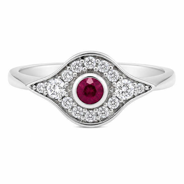 classic 1920's art deco design Ruby cluster ring rubover grain set surround round brilliant cut diamonds engagement platinum gold