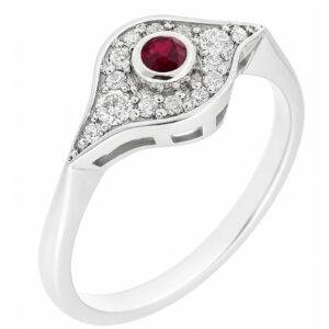 classic 1920's art deco design Ruby cluster ring rubover grain set surround round brilliant cut diamonds engagement platinum gold