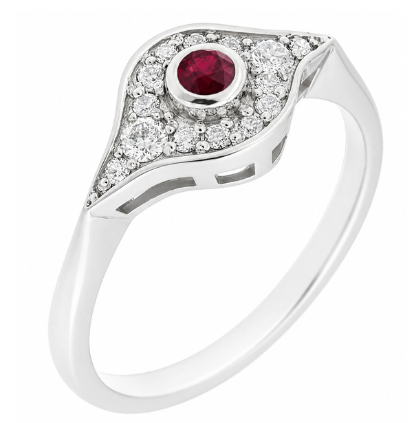 classic 1920's art deco design Ruby cluster ring rubover grain set surround round brilliant cut diamonds engagement platinum gold