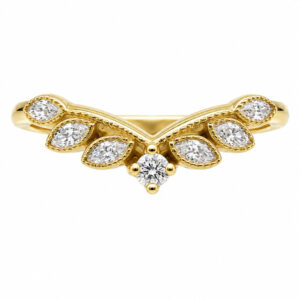 A vintage style wishbone shaped half eternity ring set marquise diamonds & Round Diamond millgrain design Platinum Gold