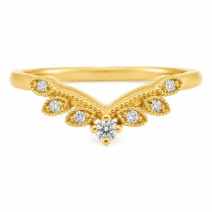 A vintage style wishbone shaped floral petal eternity ring set Round Diamonds millgrain design Platinum Gold