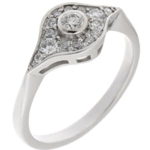 classic 1920's art deco design cluster ring rubover grain set surround round brilliant cut diamonds platinum gold