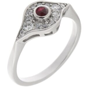 classic 1920's art deco design Ruby cluster ring rubover grain set surround round brilliant cut diamonds platinum gold