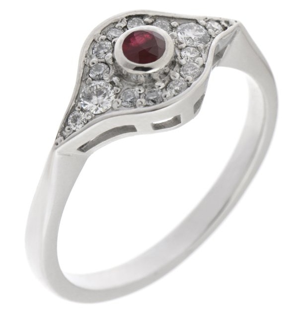 classic 1920's art deco design Ruby cluster ring rubover grain set surround round brilliant cut diamonds platinum gold