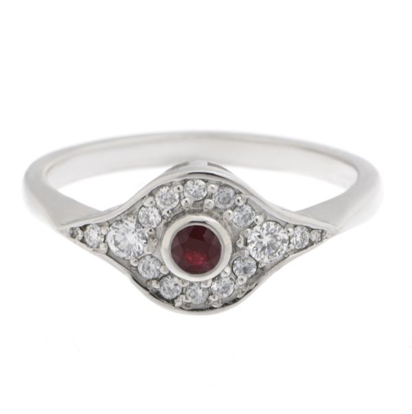 classic 1920's art deco design Ruby cluster ring rubover grain set surround round brilliant cut diamonds platinum gold